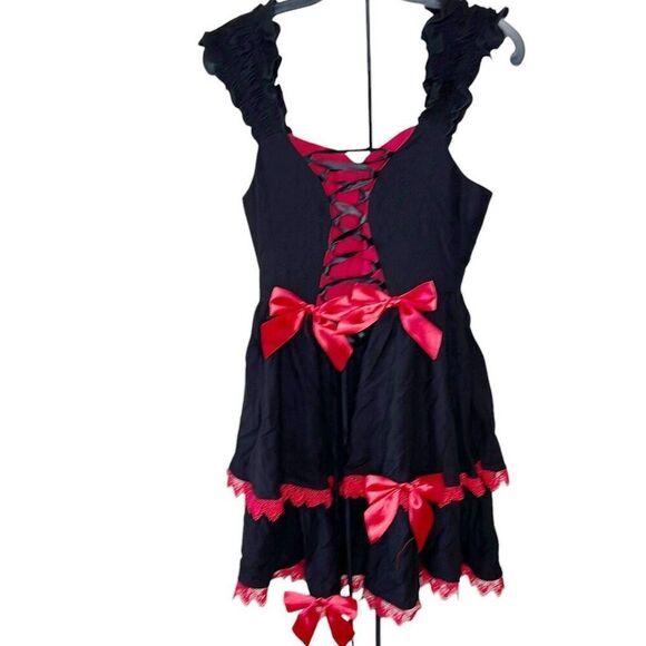 Hot Topic Social Collision Lace Up Black & Red Bows Ruffle Mini Dress XS Nwot - Picture 1 of 5